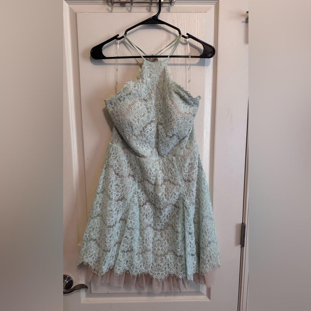 Trixxi Mint Lace Halter Homecoming dress